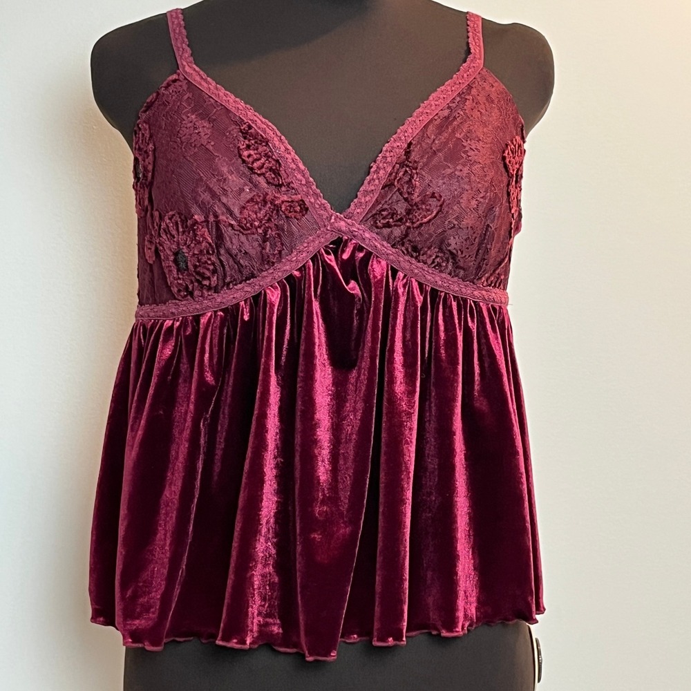 Cider Women Wine Burgundy Velvet Lace Rosette Sequin Babydoll Cami Top XL